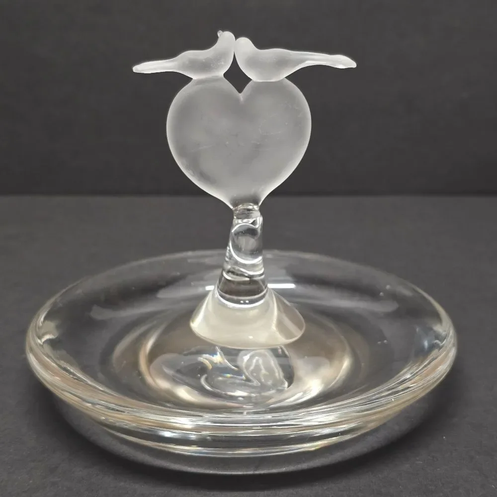 Vintage Crystal Jewelry Trinket Dish Frosted Heart and Doves Romantic Love
